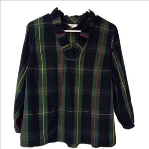 Crown & Ivy Navy & Green Tartan Plaid Cotton Blouse w/ Ruffle V Neck 3/4 Sleeve